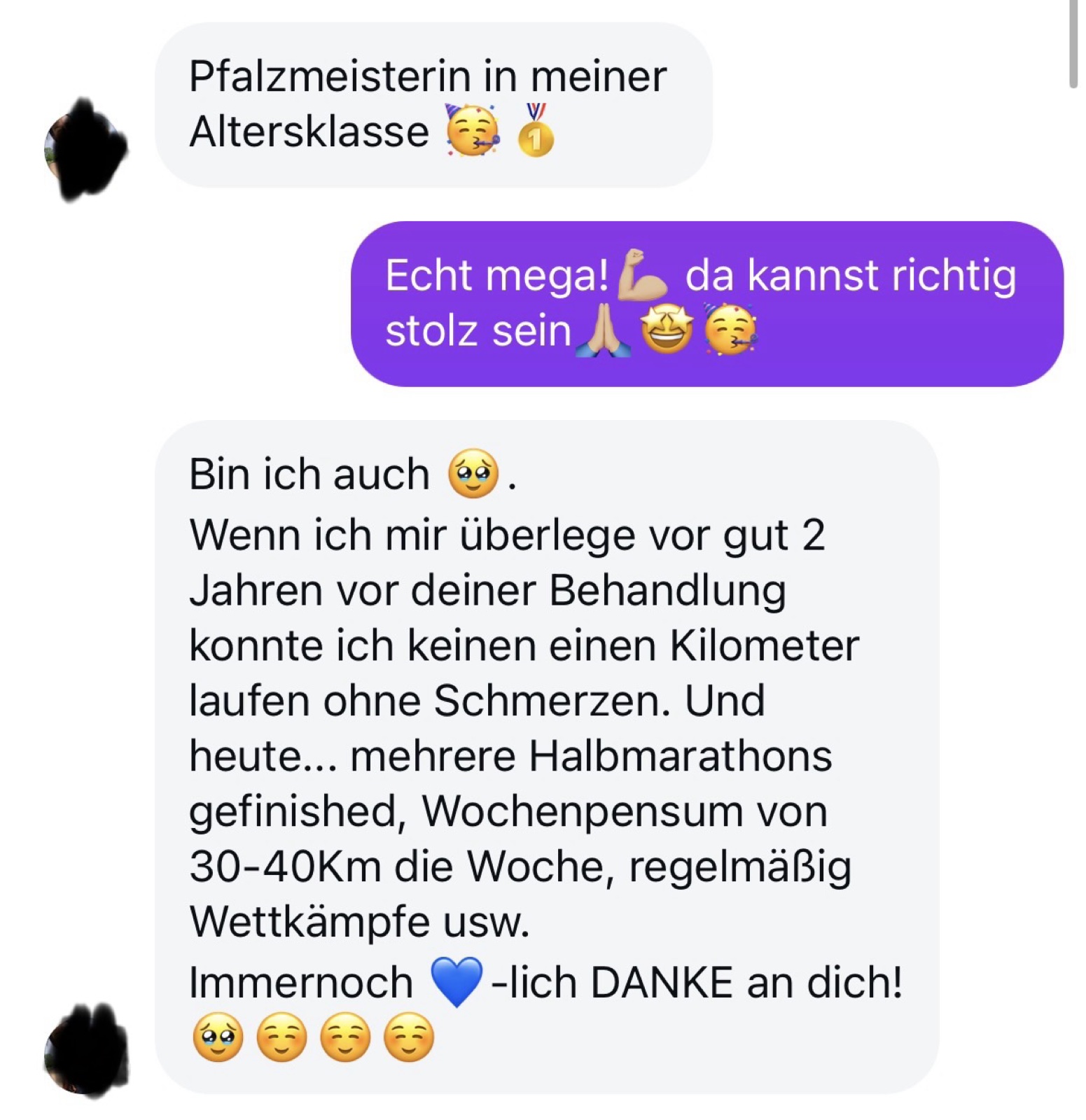 Instagram-Nachricht einer Klientin: Pfalzmeisterin in der Altersklasse – früher kein Kilometer ohne Schmerzen, heute mehrere Halbmarathons.